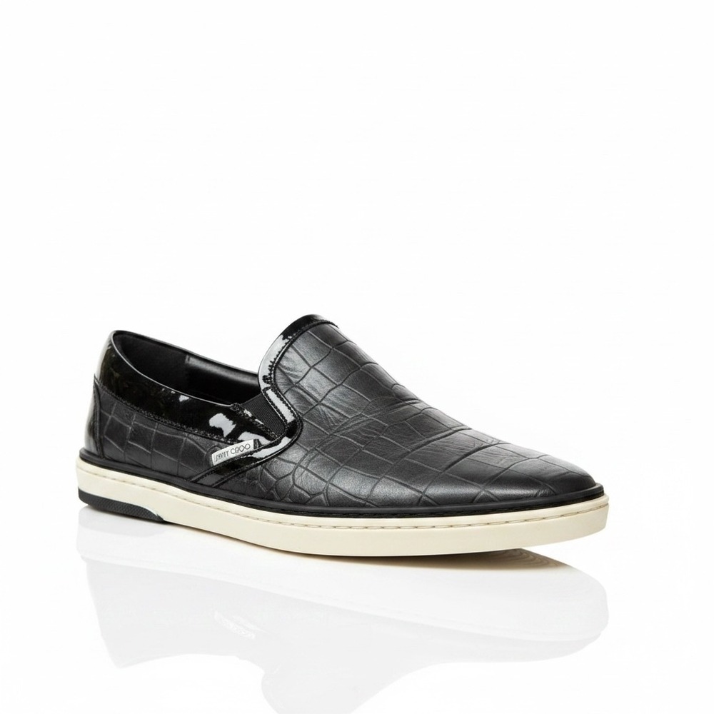 Jimmy Choo Black Crocodile Print Patent Detail Slip on Loafer Sneaker - 39 US9